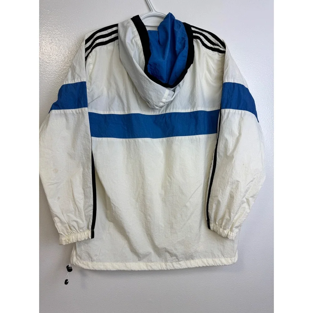 Vintage‎ Adidas Anorak Windbreaker Jacket Medium Tall White Blue Half Zip Hood
